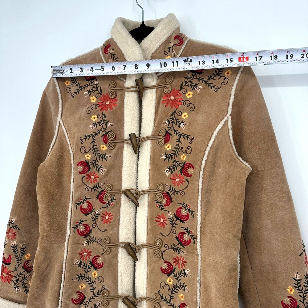 St. John's Bay Tan Suede Embroidered Toggle Coat with Cream Shearling Trim - Picture 15 of 17